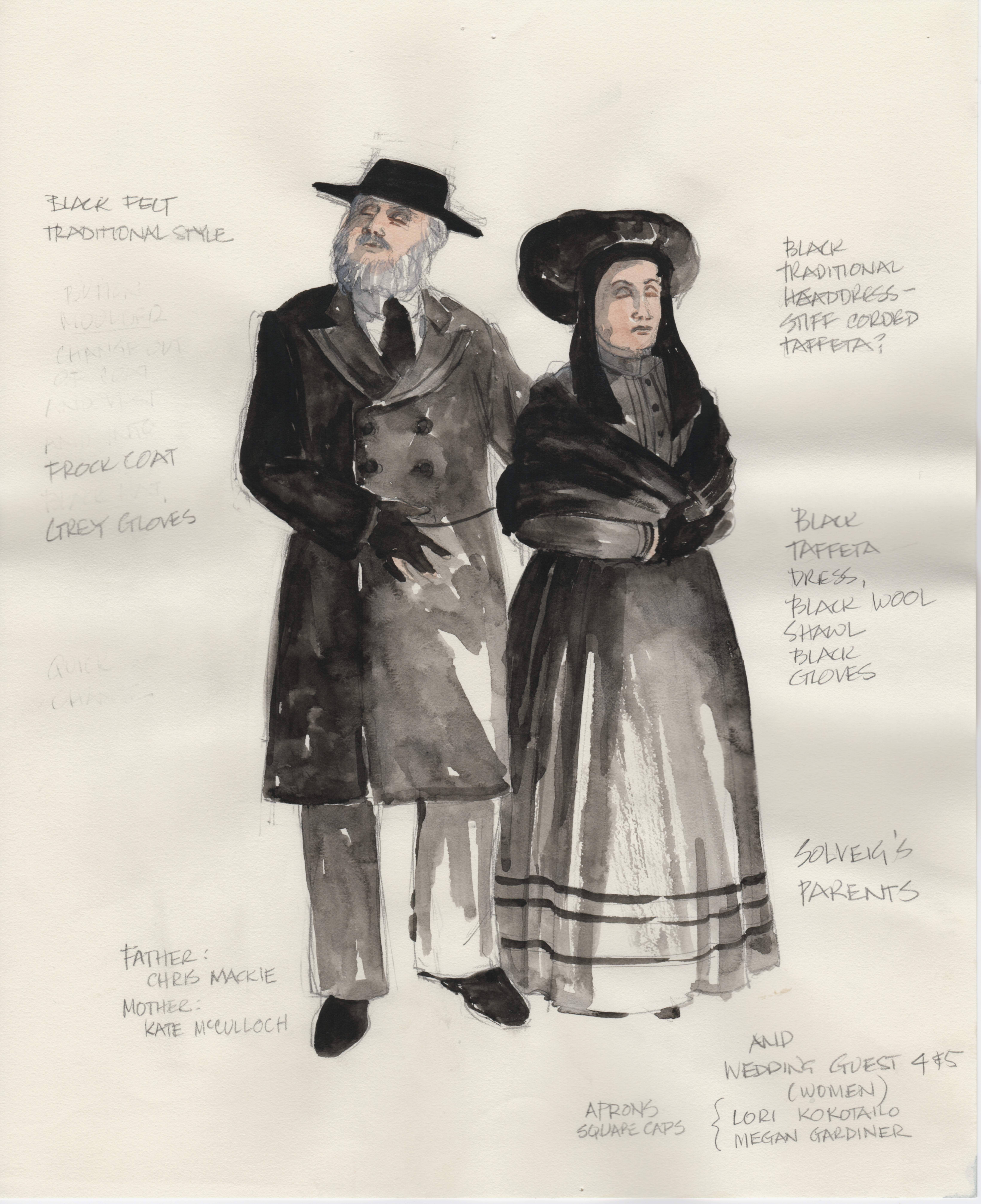 Solveig’s Father and Mother
                Costume renderings created by Alison Green for the 1999 performance at
                the  Frederic Wood Theatre, UBC.