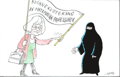 Figure 2
                        The cartoon depicts Tora Aasland, Norway’s Minister of Research and Higher Education, picketing with a sign that demands FEMALE QUOTAS FOR MATH PROFESSORS as a burqa-clad woman looks on (Typisk kvinn folk). 