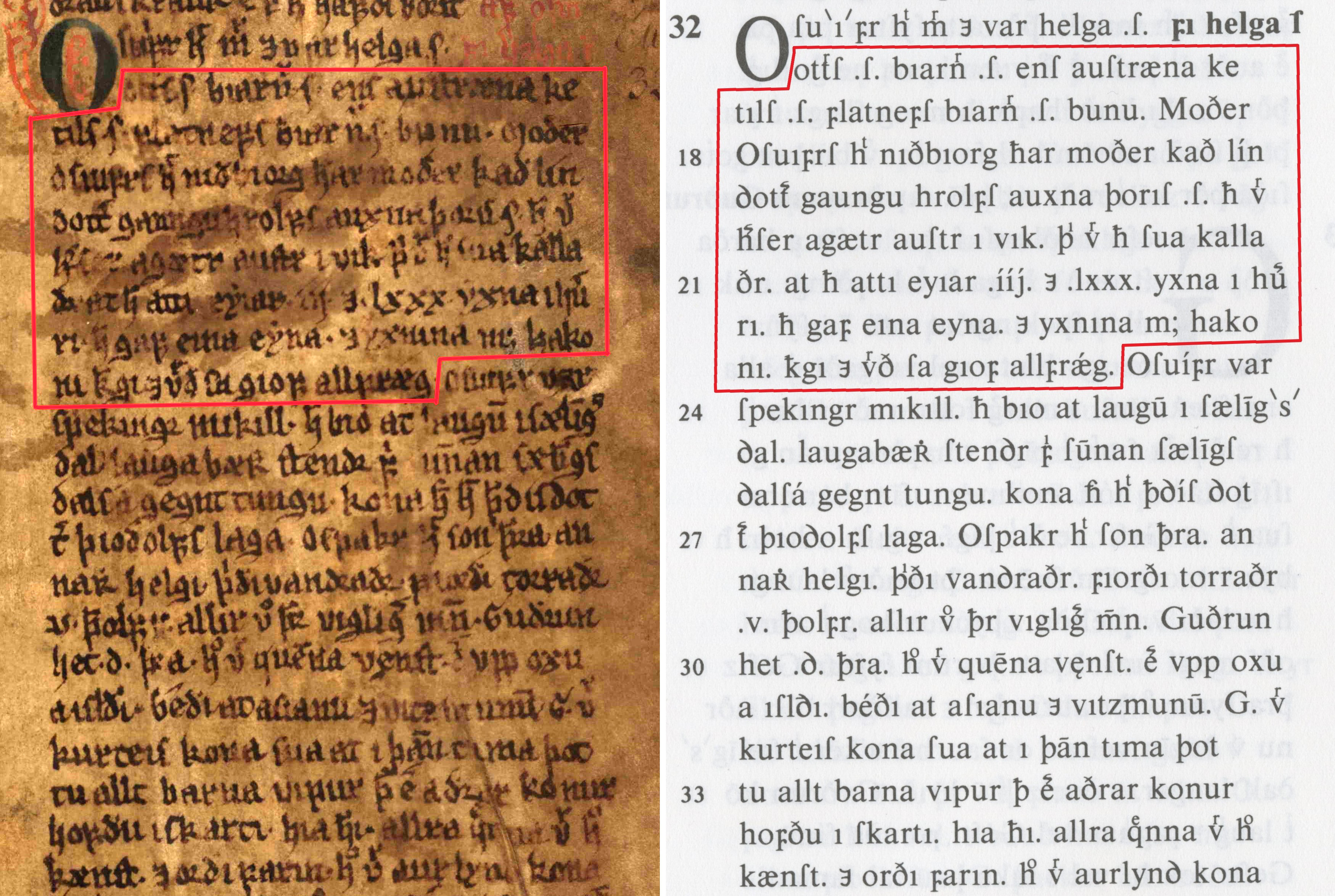Figure 1, (left) a leaf from the early fourteenth-century manuscript AM 132 fol. (170r) or Möðruvallabók, courtesy of handrit.is, and (right) the same passage from a type-facsimile edition of the manuscript, Möðruvallabók (AM 132 Fol.), 170r, each containing the passage from Laxdæla saga cited above. The portion of the text contained within the box is the passage Halldór omits in his edition of the saga, as discussed above.