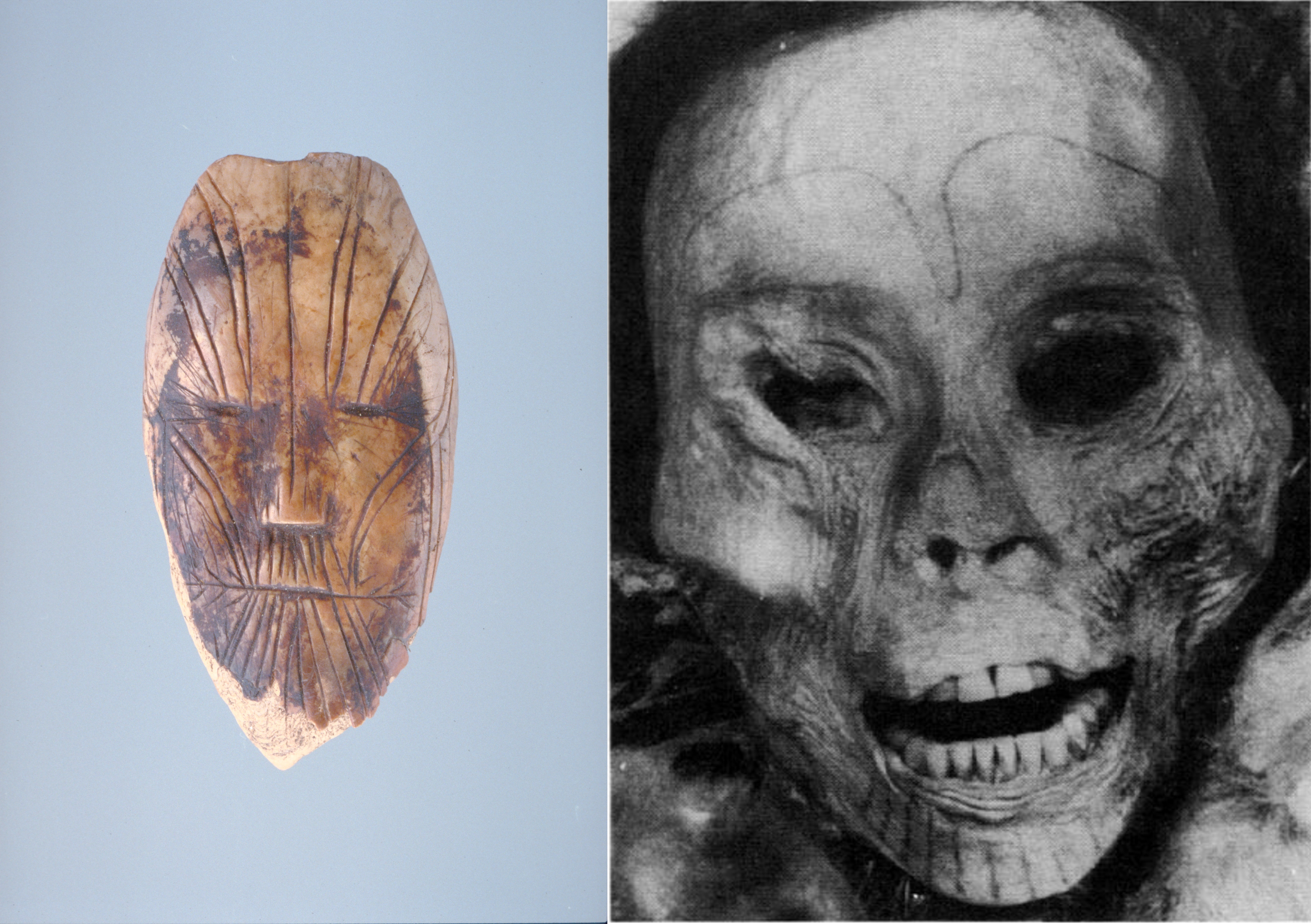 Figure 2 left: Jacobsen, Maya Sialuk, (2019) Ancestral Threads (Maskette, Devon Island, Nunavut ca. 1900–1600 BC. Walrus ivory, 5.4 cm x 2.9 cm x 8 mm. Collection Canadian Museum of History). Figure 2 right: Unknown title, Nordqvist, Jørgen et al. 1991, 103; ©Greenland National  Museum.